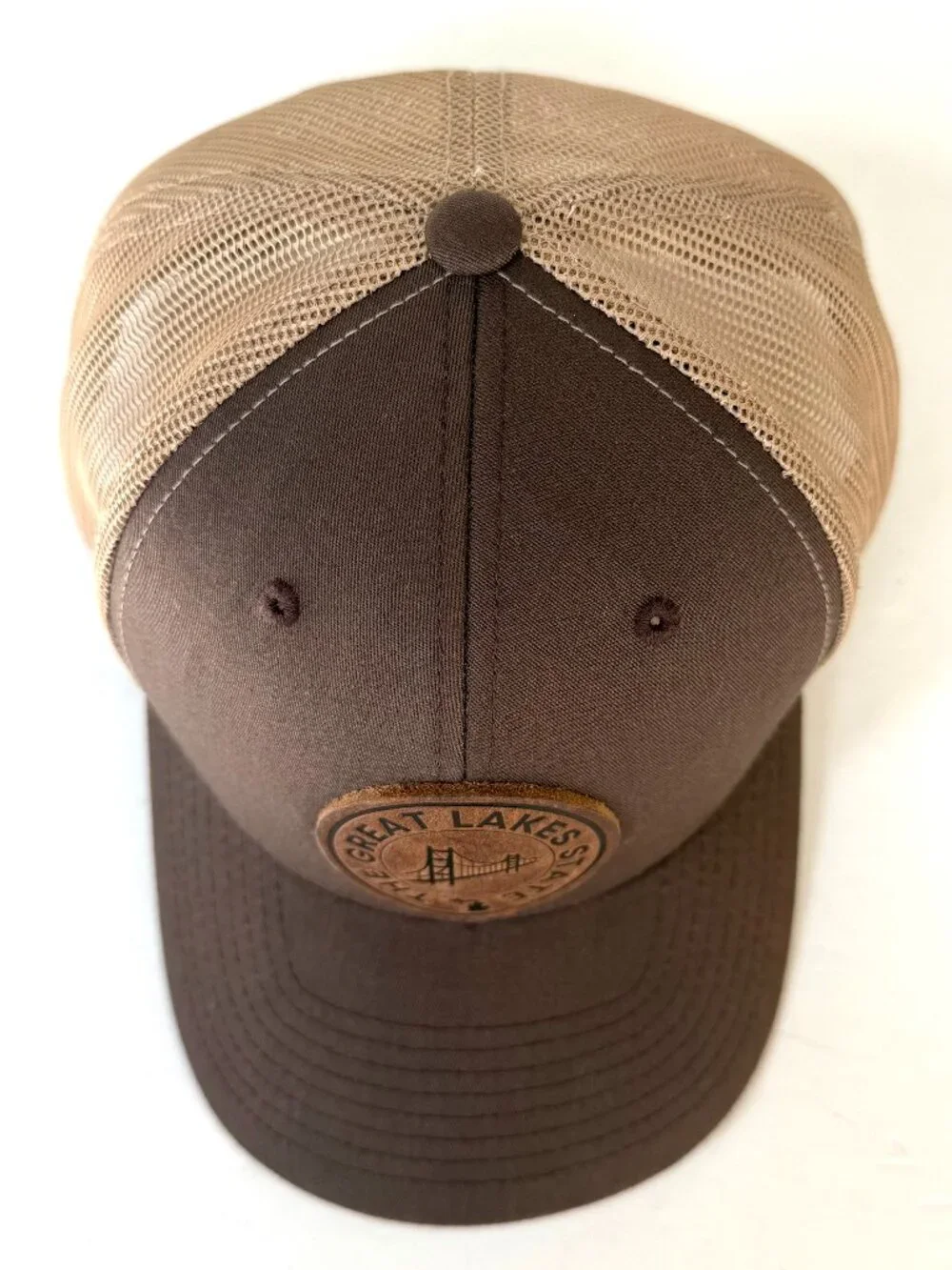 Vtg Yupoong The Great Lakes State Trucker Hat Mesh Snapback Leather Patch Khaki